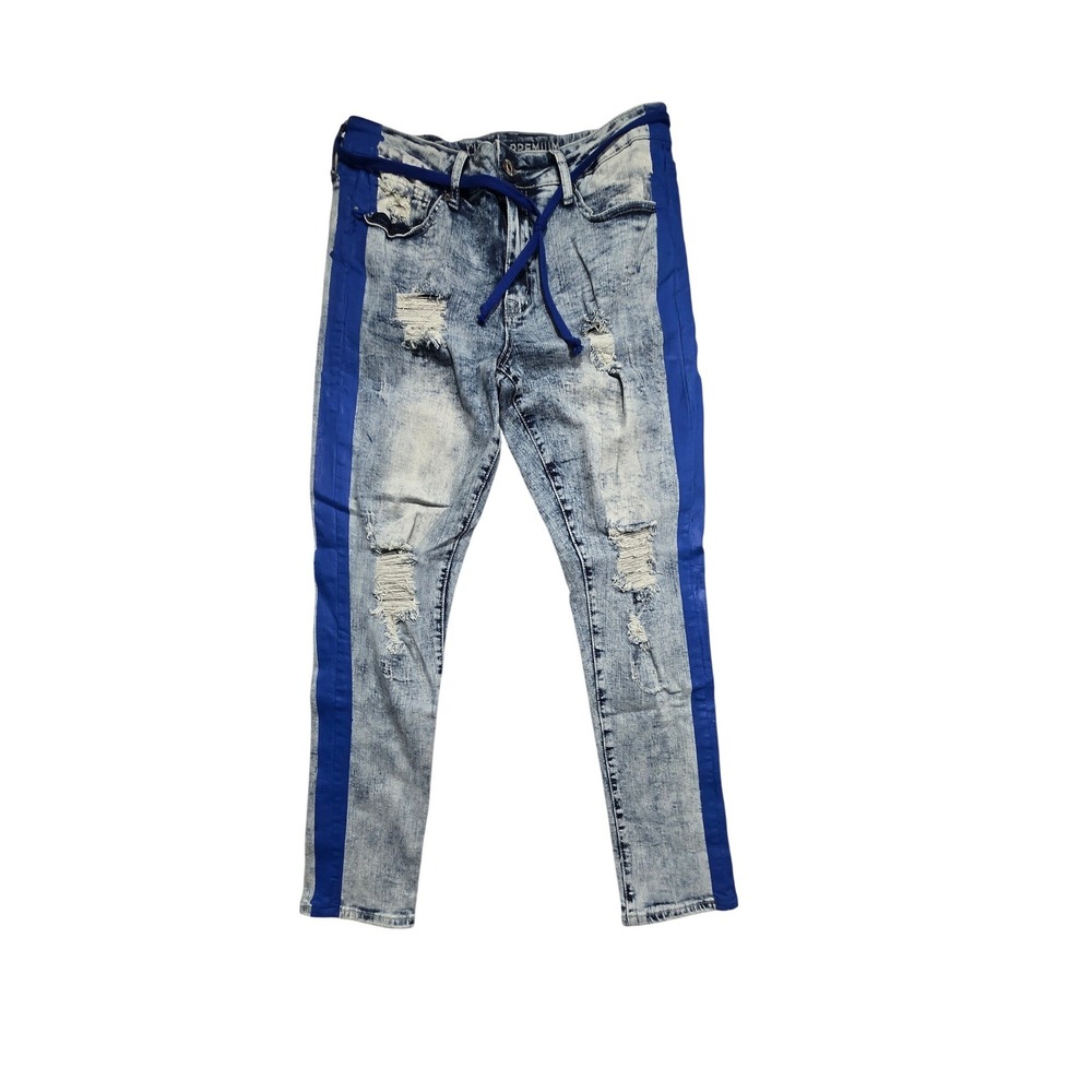 Rue21 Premium Skinny Jeans Mens 34 Acid Wash Blue Side Stripe Distressed Grunge